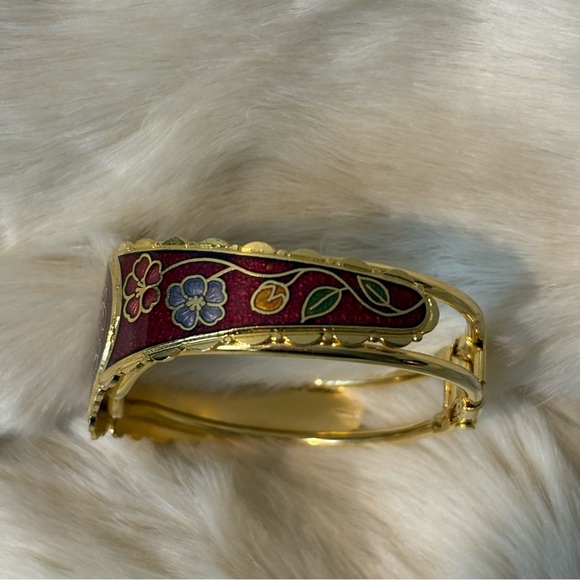Vintage Cloisonné Red Gold Butterfly Floral Hinge Bangle Bracelet - Picture 3 of 5